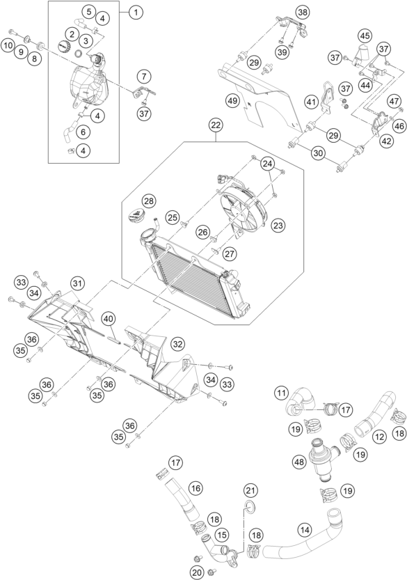 vue éclatée système de refroidissement - ktm 390 duke, white cn 2018