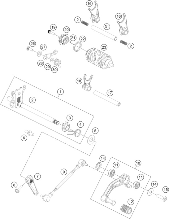 vue éclatée mécanisme de sélection - ktm rc 390, black th 2018