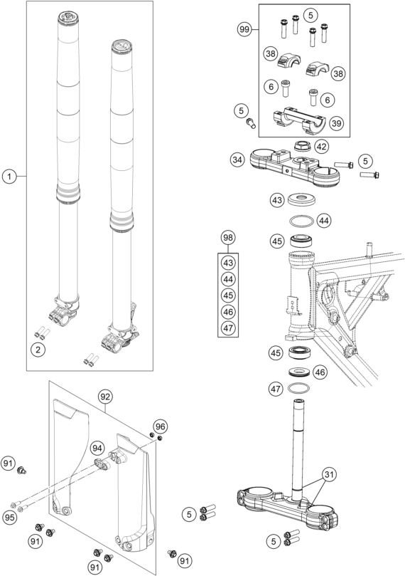 vue éclatée fourche téléscopique, té de fourche - ktm 65 sx eu 2019