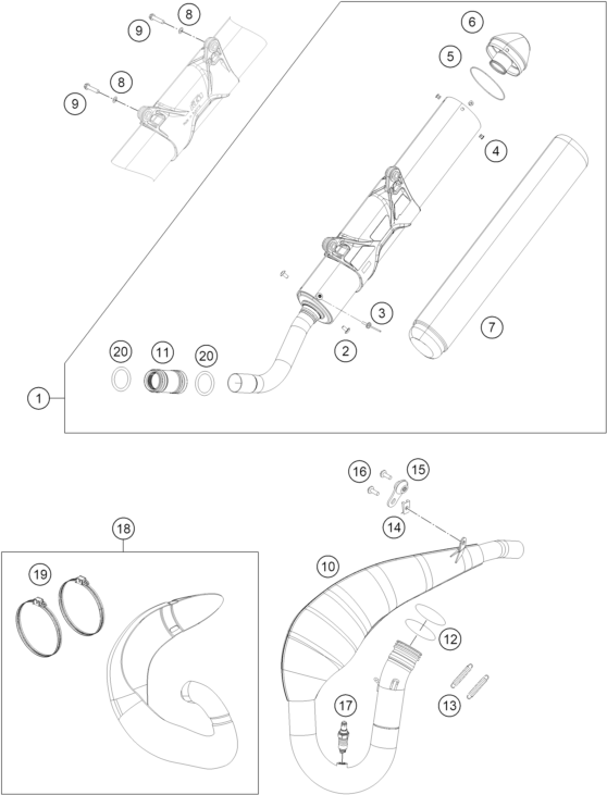 vue éclatée système d'echappement - ktm 250 exc six days tpi eu 2019