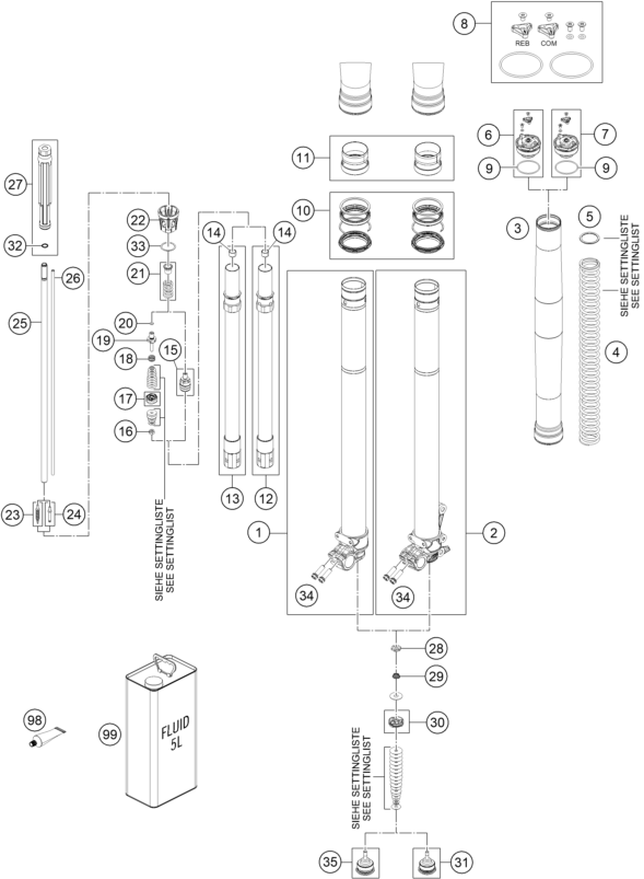 vue éclatée fourche téléscopique - ktm 300 exc six days tpi eu 2019