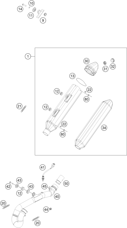 vue éclatée système d'echappement - ktm 450 exc-f six days eu 2019