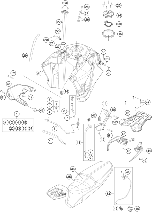 vue éclatée réservoir, selle - ktm 1090 adventure l eu 2019