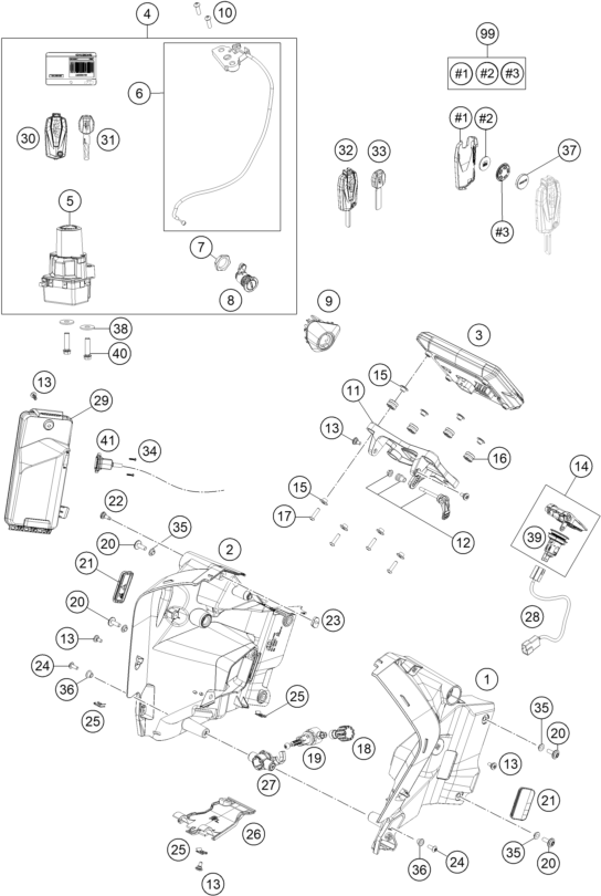 vue éclatée instruments / système de verrouillage - ktm 1290 super adventure r tkc cn 2019