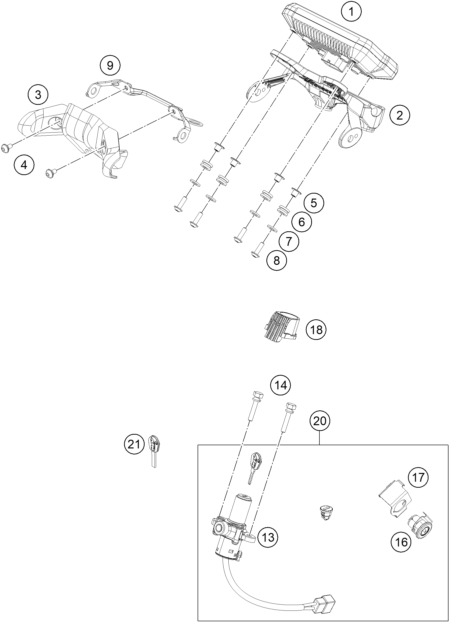 vue éclatée instruments / système de verrouillage - ktm 125 duke, orange, eu 2019