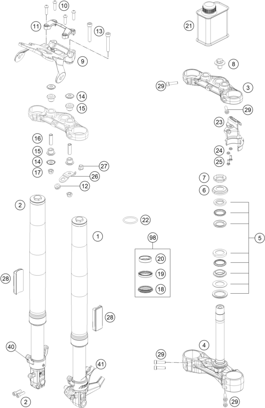 vue éclatée fourche téléscopique, té de fourche - ktm 125 duke, white, eu 2019