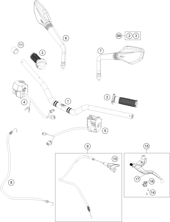 vue éclatée guidon, armatures - ktm 125 duke, white, eu 2019