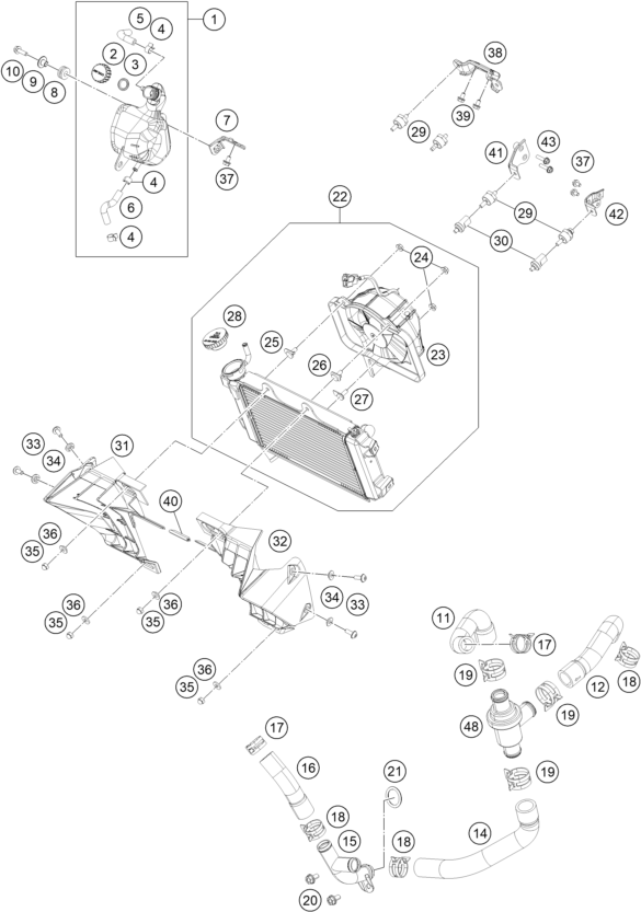 vue éclatée système de refroidissement - ktm 125 duke, white, eu 2019