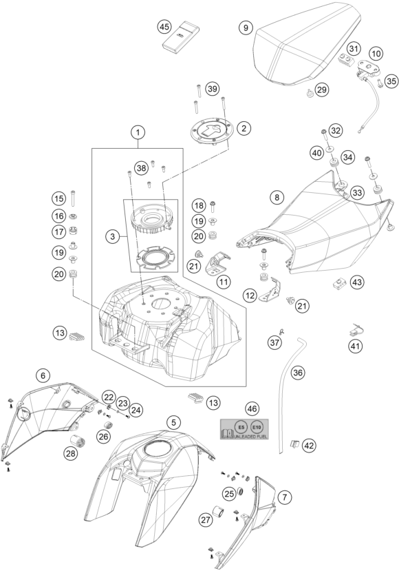 vue éclatée réservoir, selle - ktm 200 duke, black, w/o abs-ckd co 2019