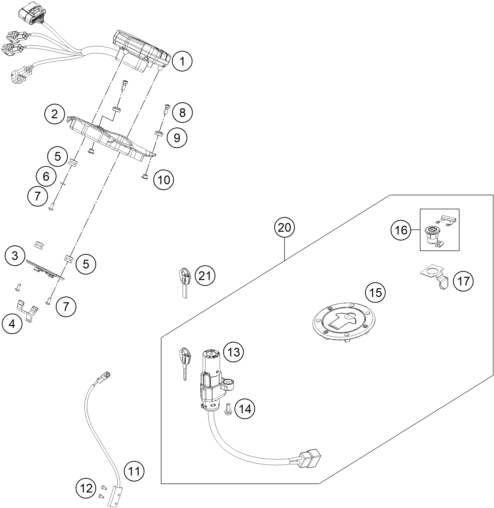 vue éclatée instruments / système de verrouillage - ktm 200 duke, white, w/o abs th 2019