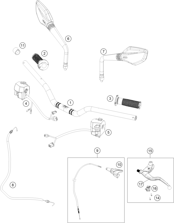 vue éclatée guidon, armatures - ktm 250 duke, white, w/o abs-ckd co 2019
