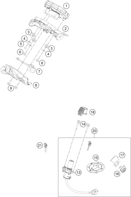 vue éclatée instruments / système de verrouillage - ktm 250 duke, orange, ckd ph 2019