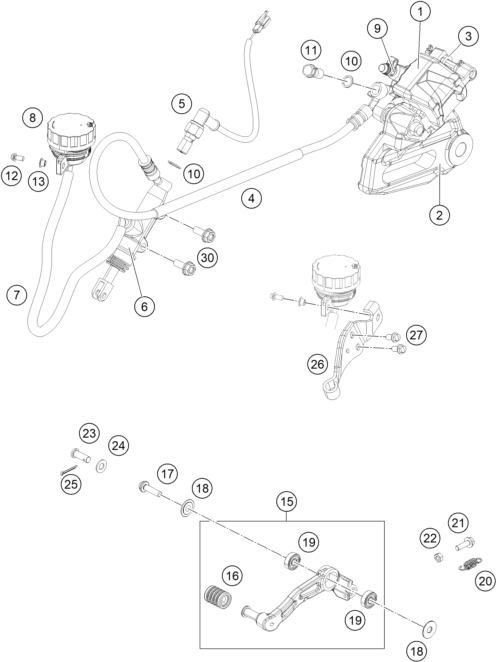 vue éclatée étrier de frein arrière - ktm rc 200, white, w/o abs - ckd ph 2019