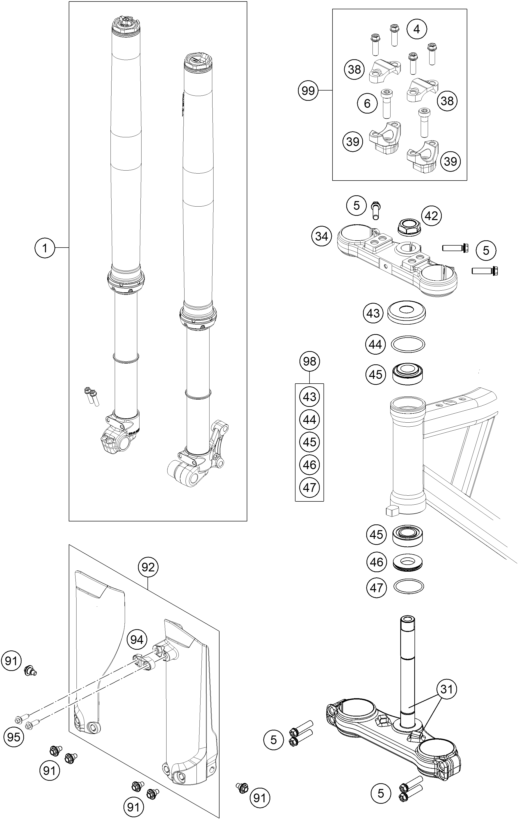 vue éclatée fourche téléscopique, té de fourche - ktm sx-e 5 eu 2020