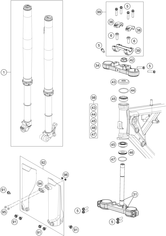 vue éclatée fourche téléscopique, té de fourche - ktm 65 sx eu 2020