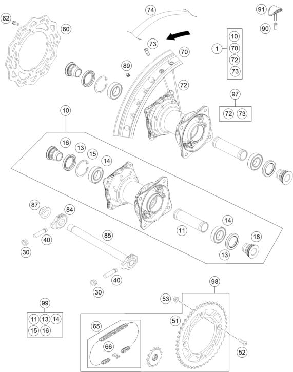 vue éclatée roue arrière - ktm 85 sx 19/16 eu 2020