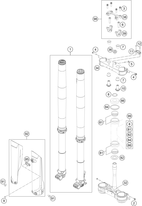 vue éclatée fourche téléscopique, té de fourche - ktm 250 sx eu 2020