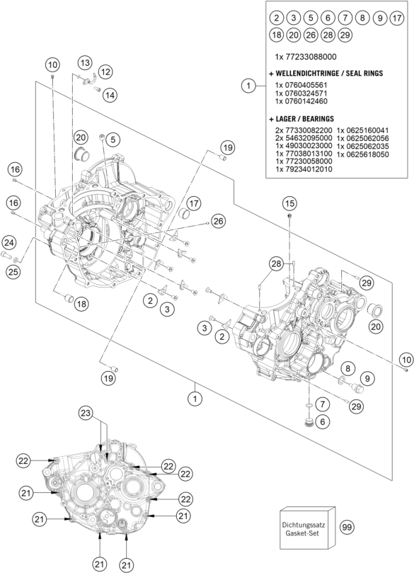 vue éclatée carter moteur - ktm 250 exc-f six days eu 2020