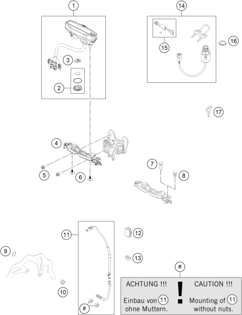 vue éclatée instruments / système de verrouillage - ktm freeride 250 f eu 2020