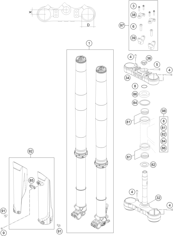 vue éclatée fourche téléscopique, té de fourche - ktm 450 exc-f eu 2020