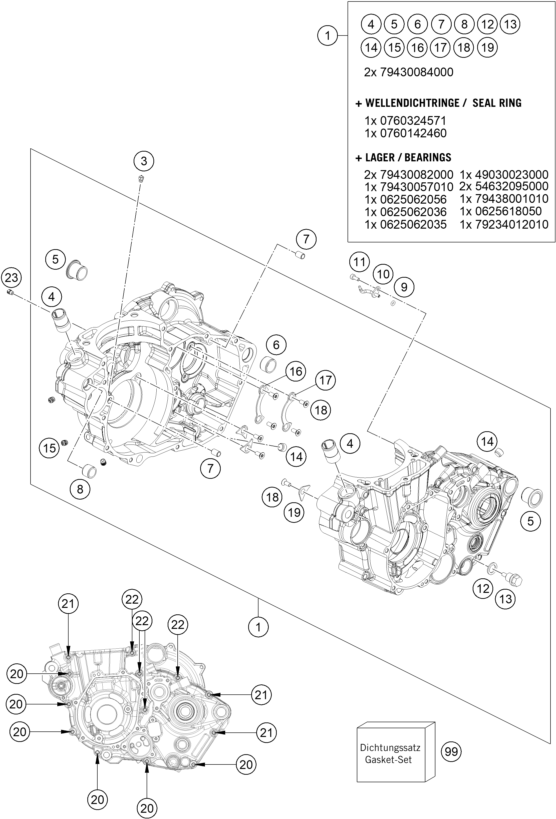 vue éclatée carter moteur - ktm 500 exc-f eu 2020