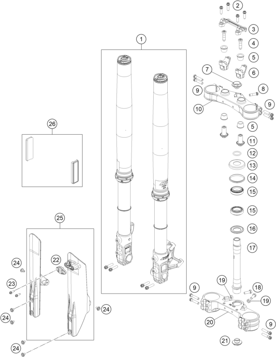 vue éclatée fourche téléscopique, té de fourche - ktm 690 smc r eu 2020