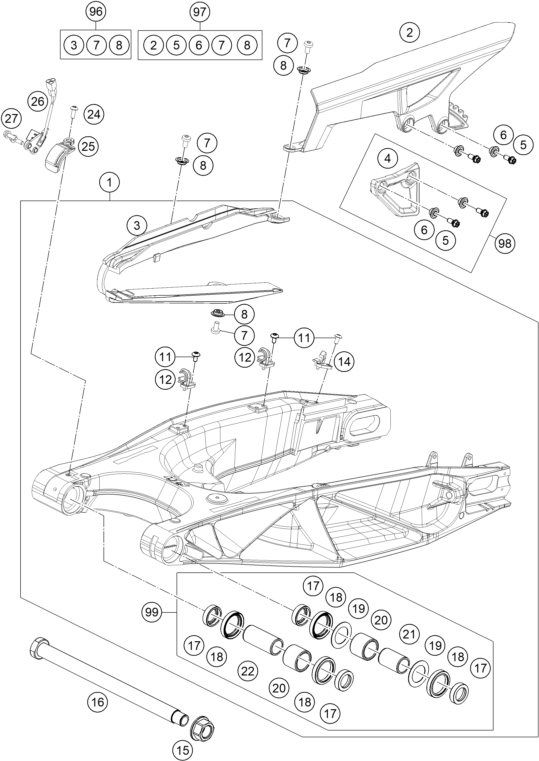 vue éclatée bras oscillant - ktm 1290 s adventure s, orange cn 2020