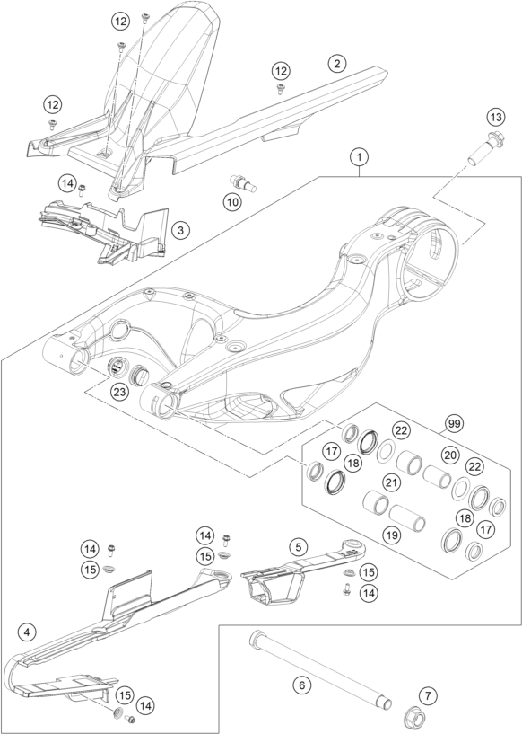 vue éclatée bras oscillant - ktm 1290 super duke r, orange eu 2020