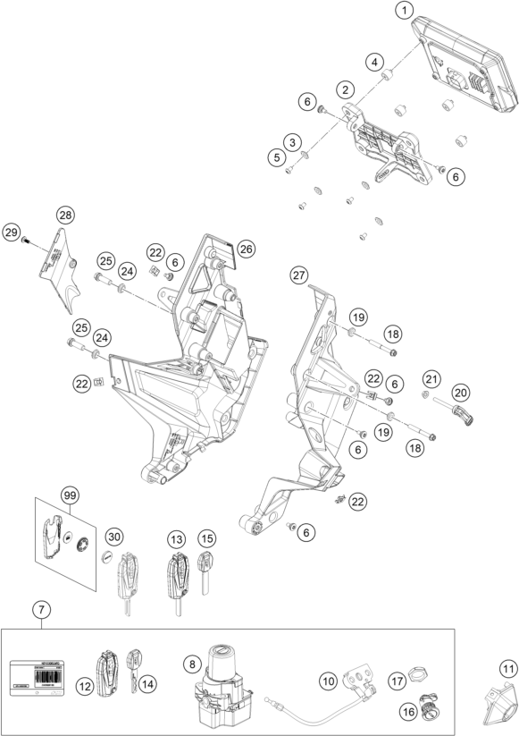 vue éclatée instruments / système de verrouillage - ktm 1290 super duke gt, black eu 2020