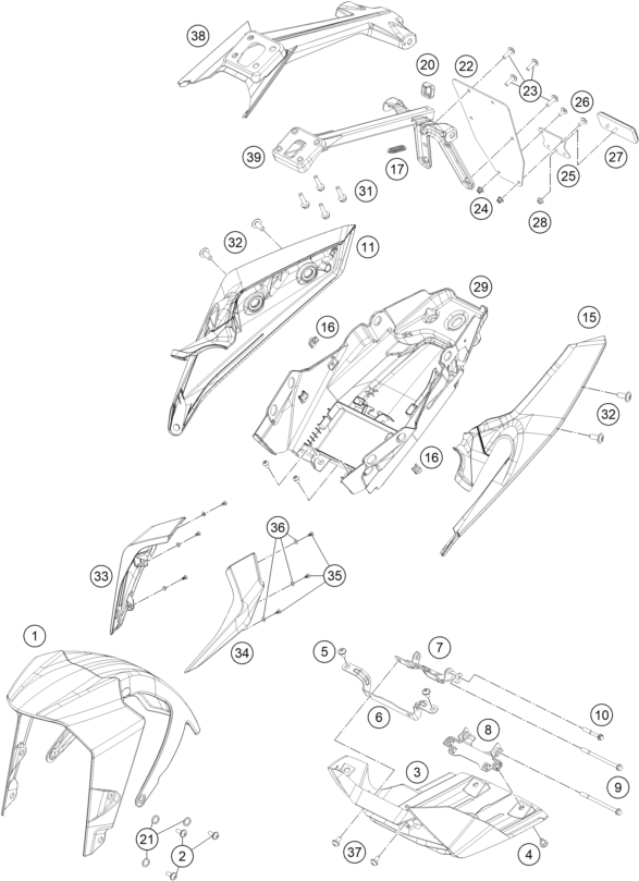 vue éclatée plaque, garde-boue - ktm 125 duke, white eu 2020