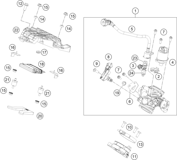 vue éclatée corps du clapet d'étranglement - ktm 125 duke, white eu 2020
