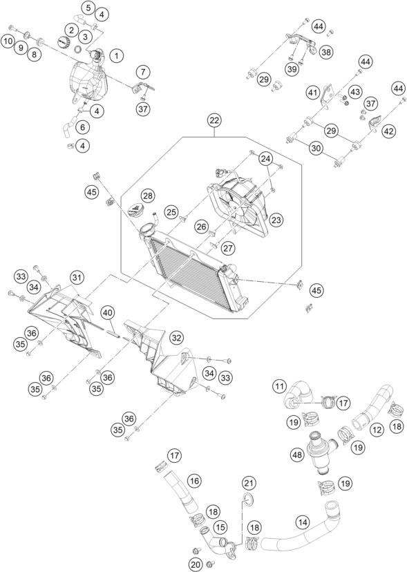 vue éclatée système de refroidissement - ktm 125 duke, white eu 2020