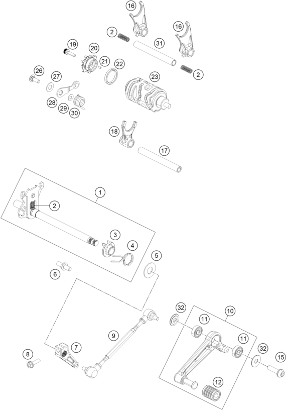 vue éclatée mécanisme de sélection - ktm 125 duke, white eu 2020