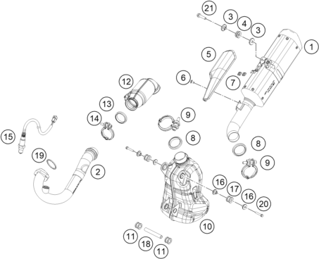 vue éclatée système d'echappement - ktm rc 125, grey eu 2020