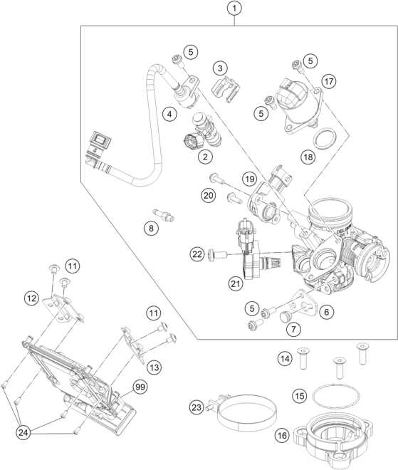 vue éclatée corps du clapet d'étranglement - ktm rc 200, black, w/o abs - ckd ph 2020