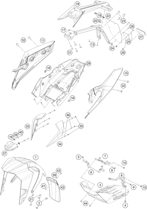 vue éclatée plaque, garde-boue - ktm 250 duke, white w/o abs-ckd co 2020