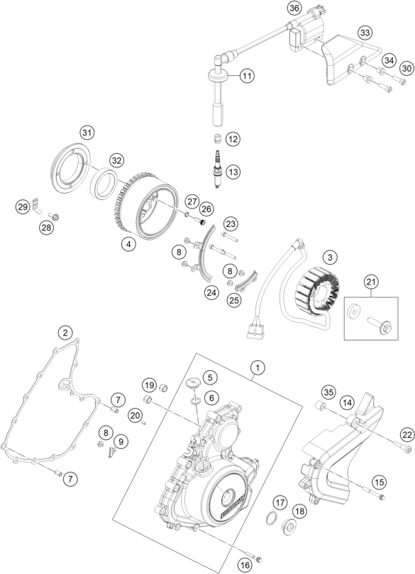 vue éclatée système de allumage - ktm 250 duke, white cn 2020
