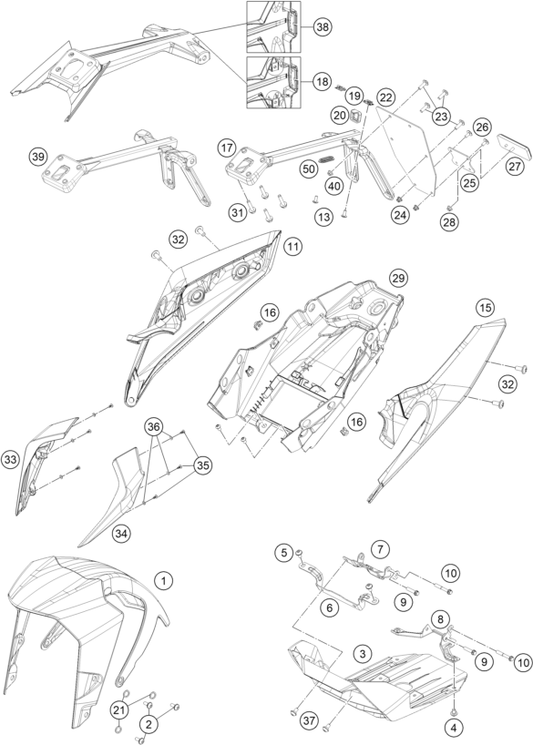 vue éclatée plaque, garde-boue - ktm 390 duke, white th 2020