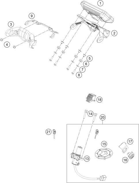vue éclatée instruments / système de verrouillage - ktm 390 duke, white th 2020