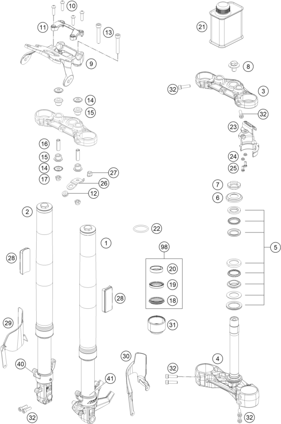 vue éclatée fourche téléscopique, té de fourche - ktm 390 duke, white th 2020