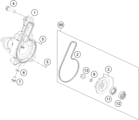 vue éclatée pompe à eau - ktm 390 duke, white th 2020