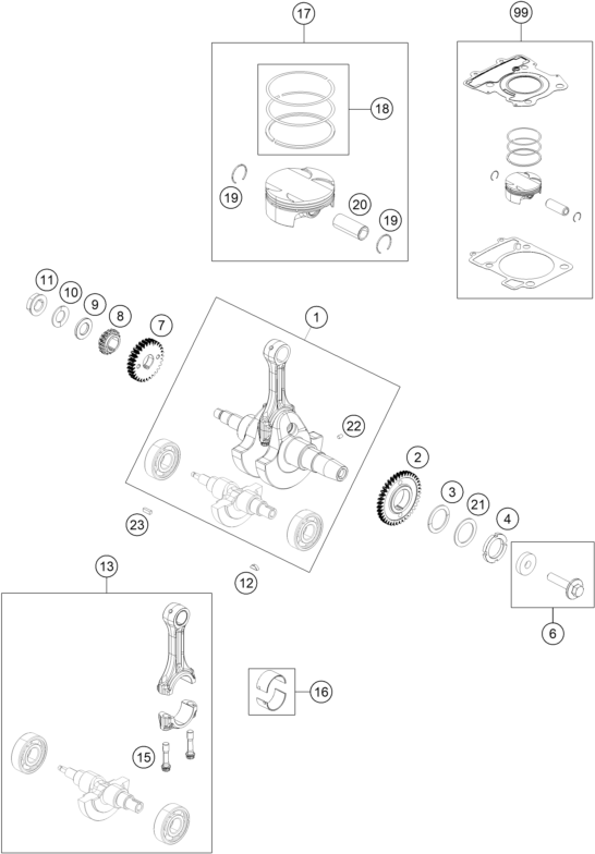 vue éclatée vilebrequin, piston - ktm 390 duke, white th 2020