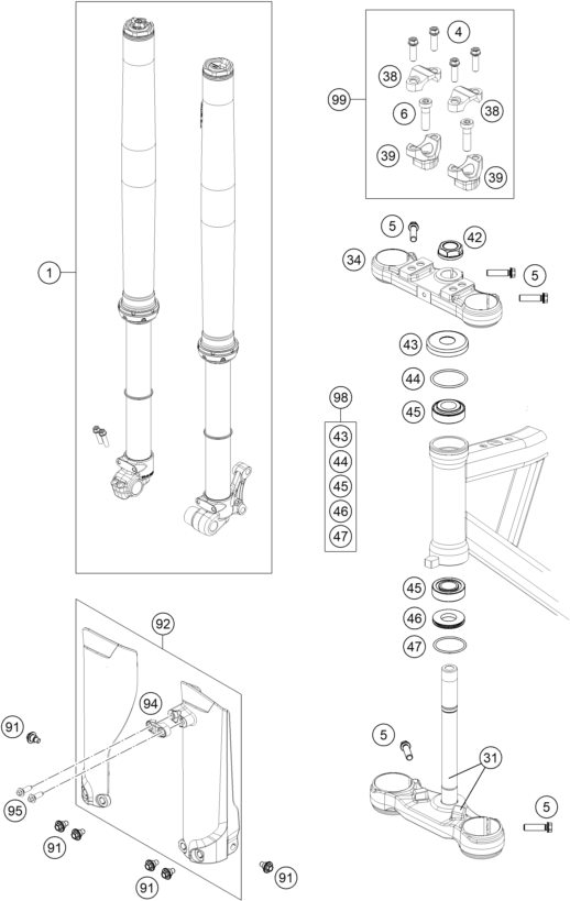 vue éclatée fourche téléscopique, té de fourche - ktm sx-e 5 eu 2021