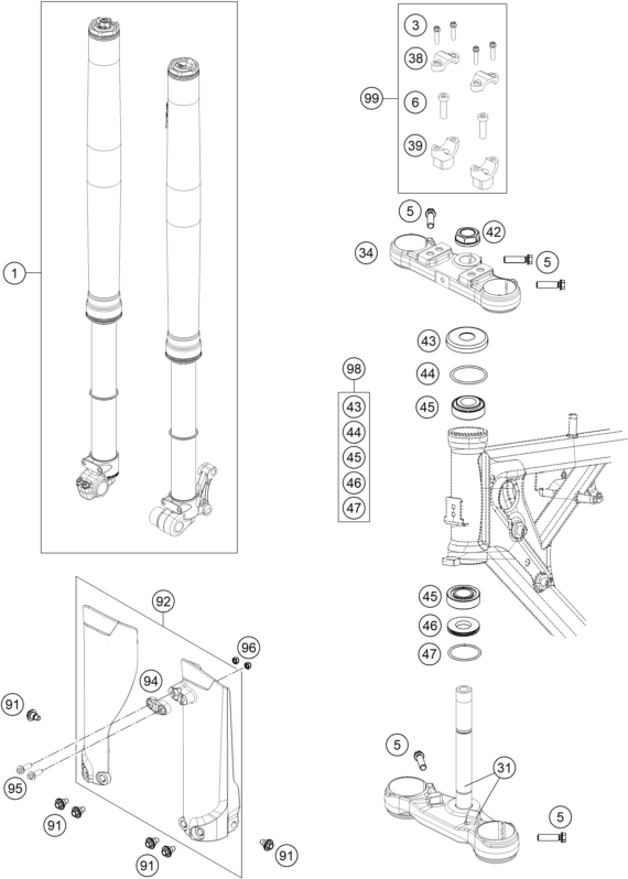 vue éclatée fourche téléscopique, té de fourche - ktm 65 sx eu 2021