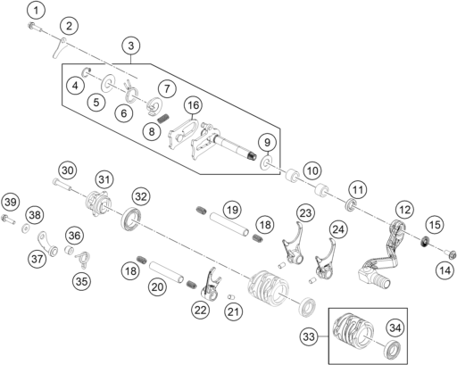 vue éclatée mécanisme de sélection - ktm 65 sx eu 2021