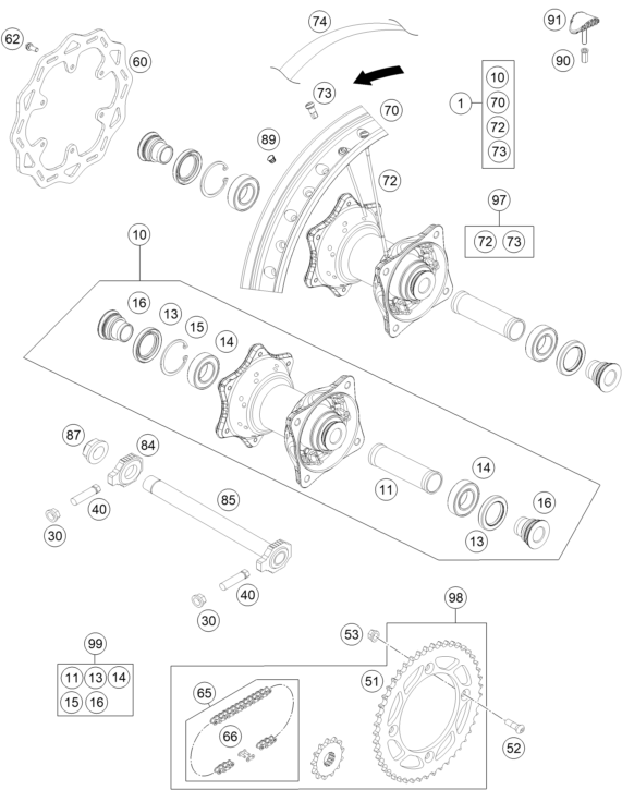 vue éclatée roue arrière - ktm 85 sx 17/14 eu 2021