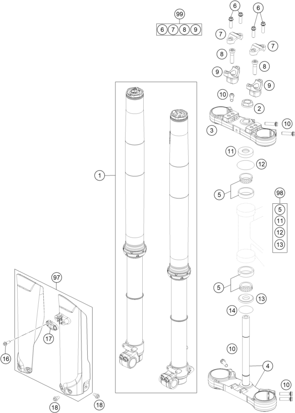 vue éclatée fourche téléscopique, té de fourche - ktm 85 sx 17/14 eu 2021