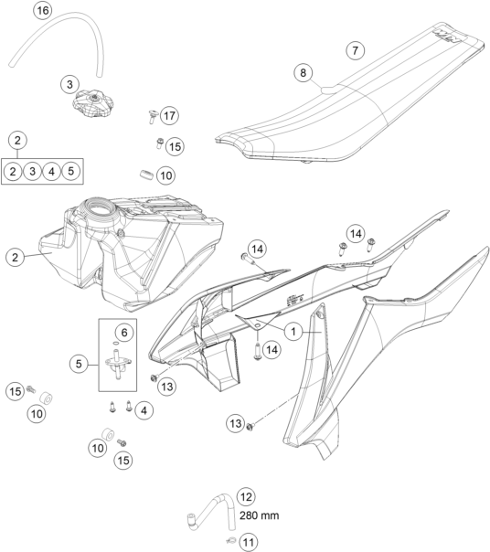vue éclatée réservoir, selle - ktm 85 sx 19/16 eu 2021