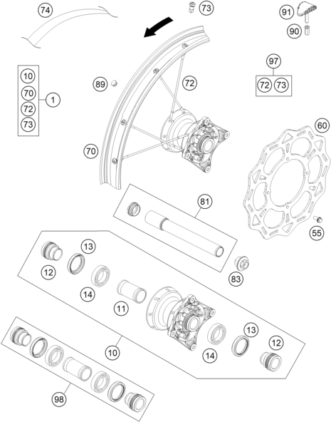 vue éclatée roue avant - ktm 85 sx 19/16 eu 2021