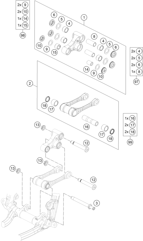 vue éclatée articulation de l'amortisseur pro lever - ktm 150 sx eu 2021
